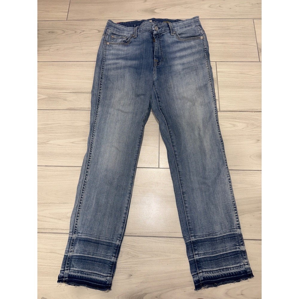 7 For All Mankind Ankle Straight Jeans Blue Released Raw Hem Size 29
